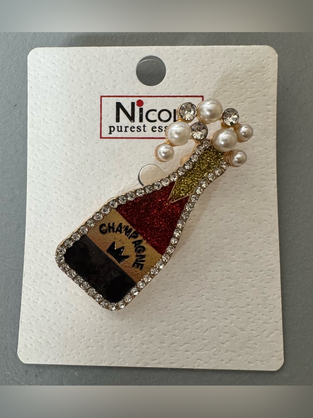 Nicole Red, Gold & Black Champagne Bottle Brooch with Pearl Accents celebrating